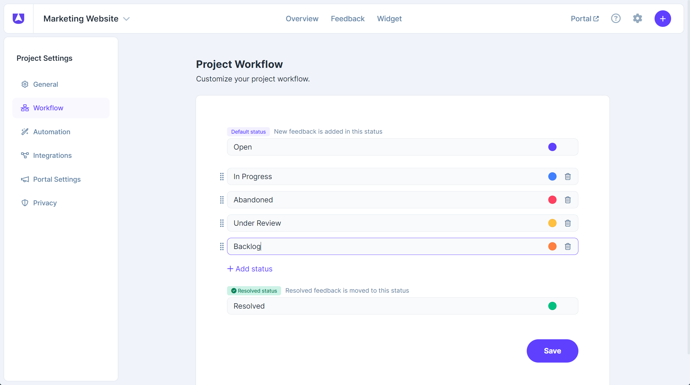Fullscreen - Project Workflow in Userback